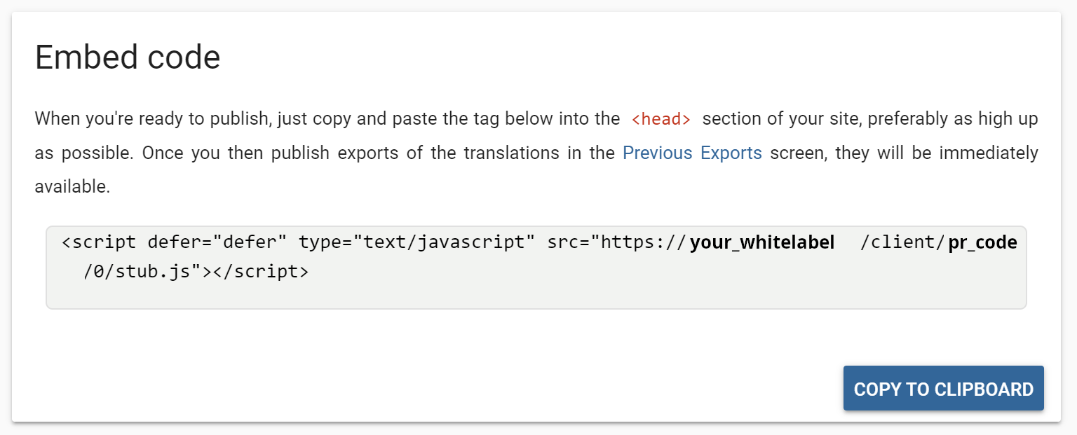 Embed code screen