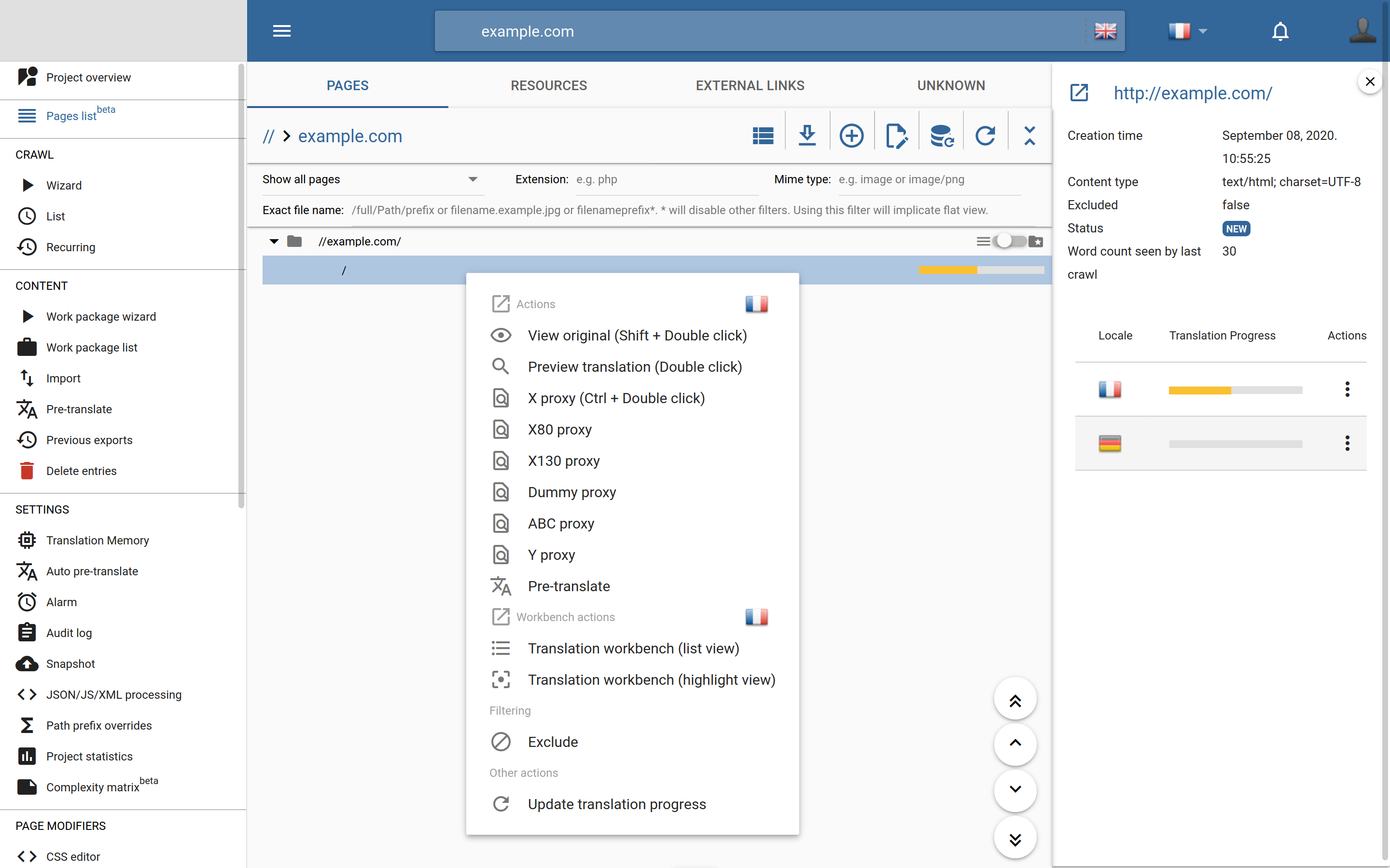 Page details and context menu