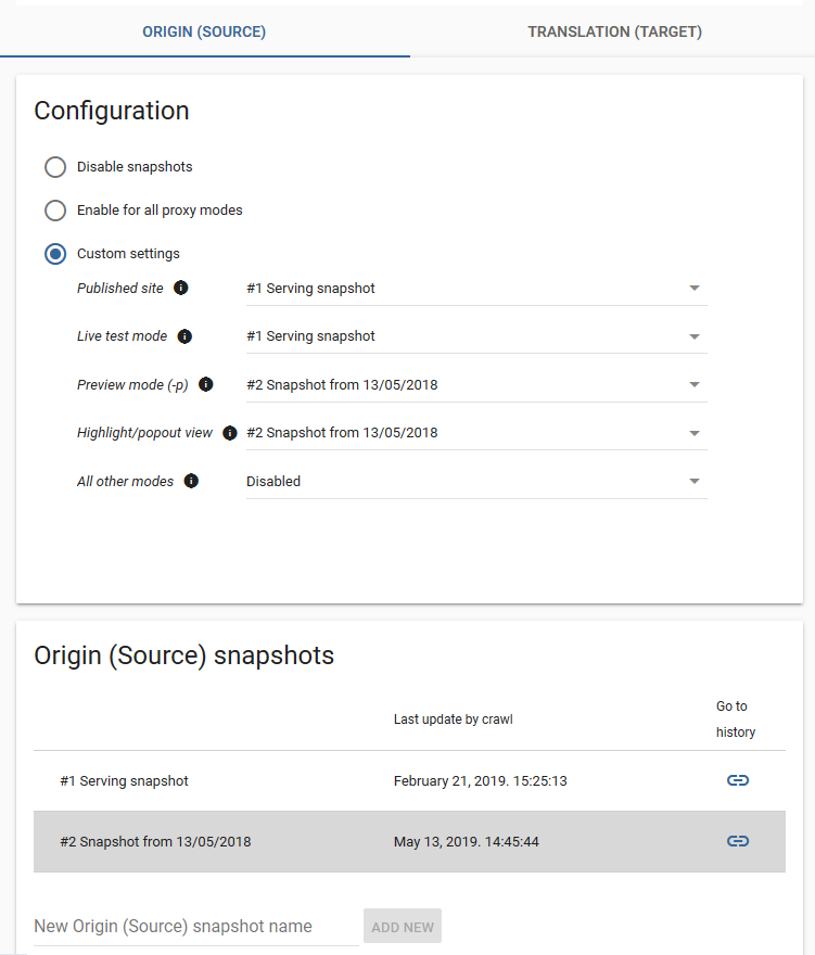 Custom Origin Snapshot Settings