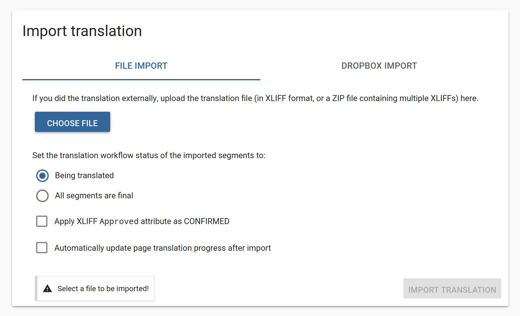 Import dialog