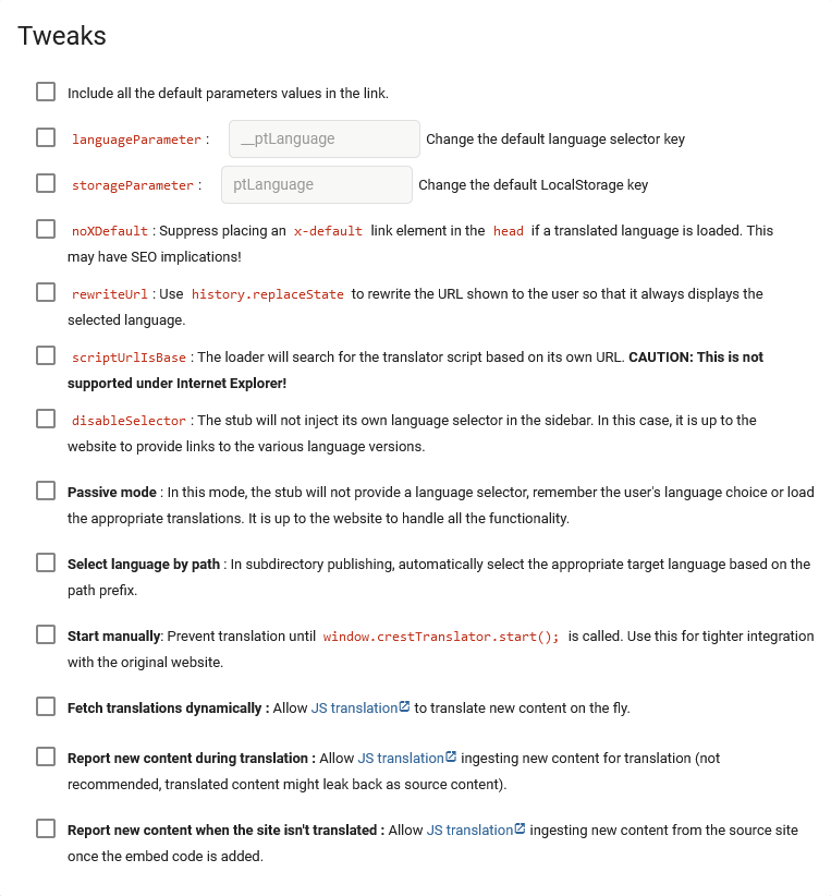 Tweaks screen